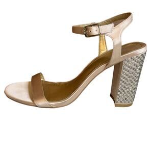 Badgley Mischka Silver Rhinestone Studded Satin Heeled Sandals Champagne 7.5